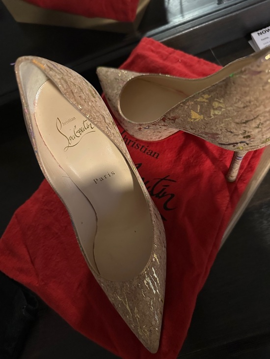 Christian Louboutin Shoes - Christian Louboutin Nude Patent Pointed Toe Stiletto with Gold Fleck